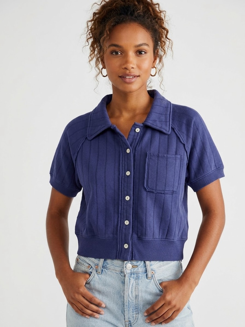Free People Navy Short-Sleeve Button-Front Top Cotton Medium New